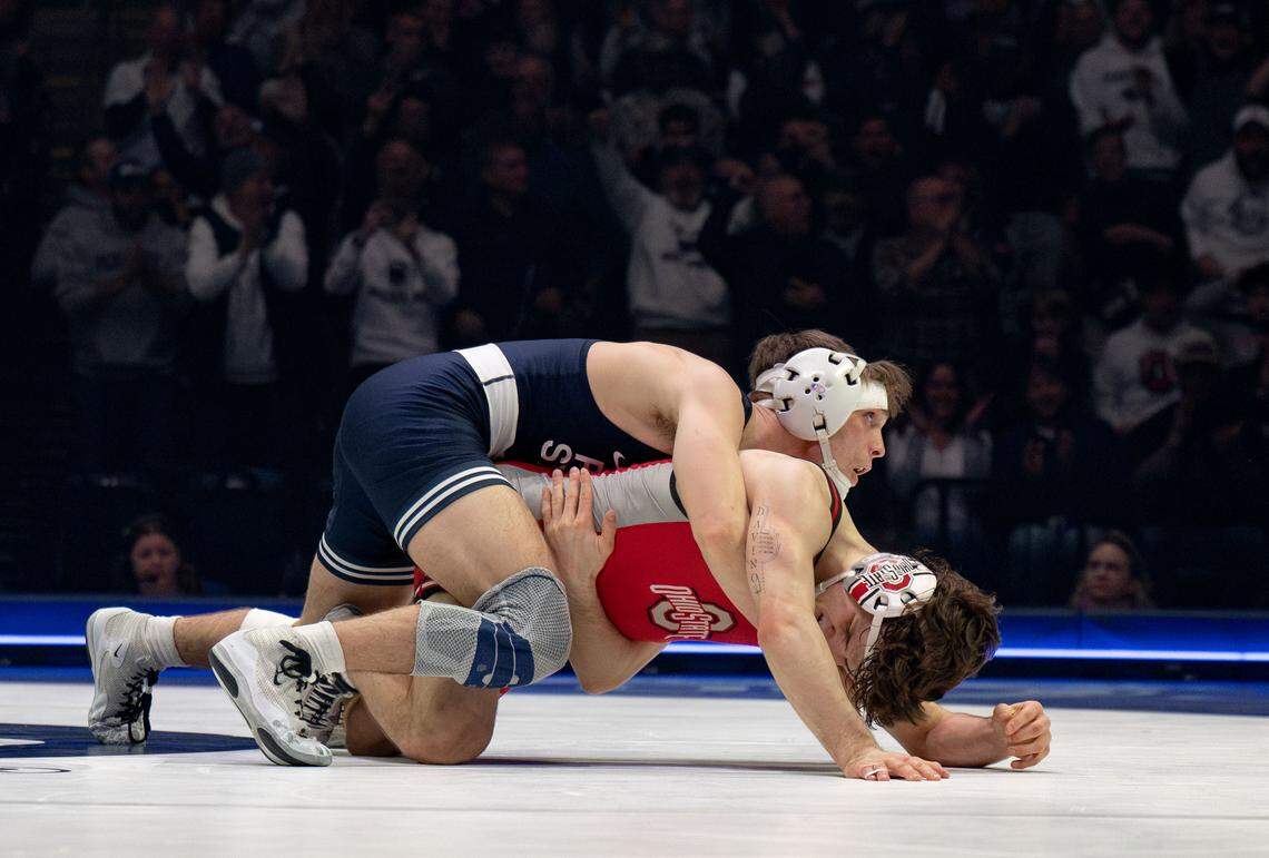 Penn State's Marcus Blaze controls Ohio State’s Ben Davino in the overtime of the 133 lb bout on Friday, Feb. 13, 2026 at the Bryce Jordan Center.