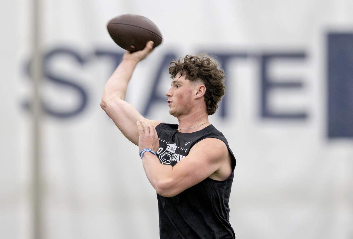 QB Drew Allar makes a pass during Penn State Pro Day on Wednesday, March 18, 2026.  