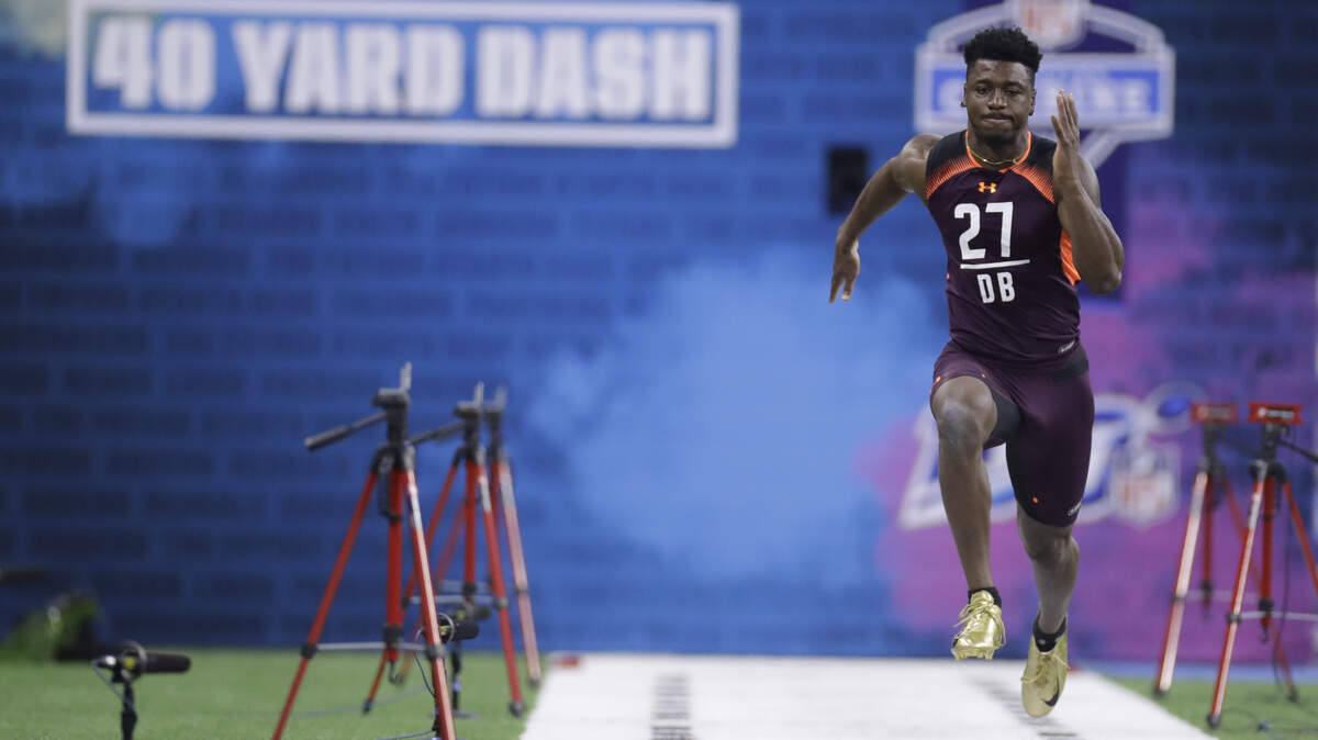 Penn State defensive back Amani Oruwariye runs the 40-yard dash during the NFL football scouting combine, Monday, March 4, 2019, in Indianapolis. (AP Photo/Darron Cummings)