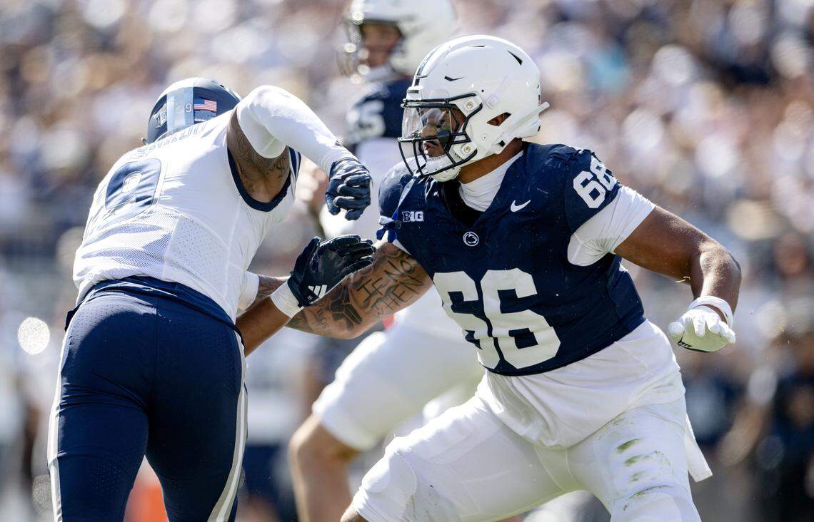 Penn State offensive lineman Drew Shelton blocks Nevada’s Jonathan Maldonado during the game on Saturday, Aug. 30, 2025 at Beaver Stadium.