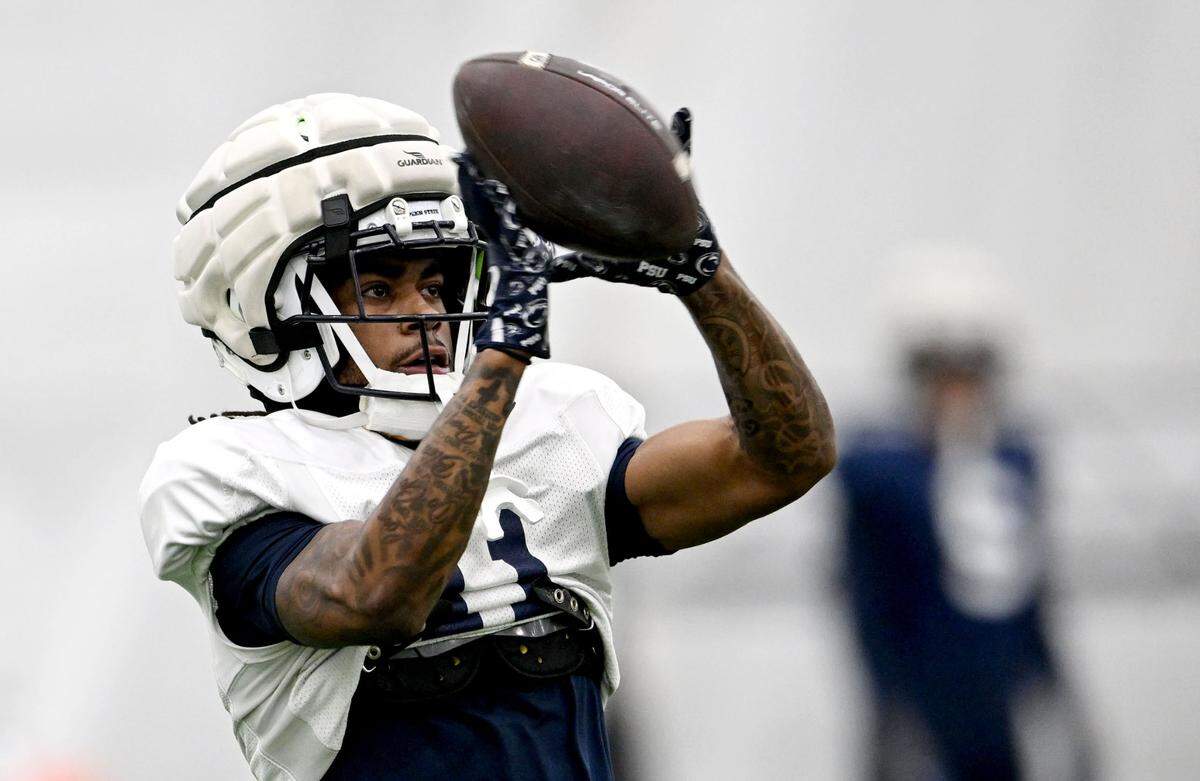Penn State wide receiver Tyler Johnson makes a catch during practice on Friday, Dec. 27, 2024 at Holuba Hall as the team prepares for the Fiesta Bowl.