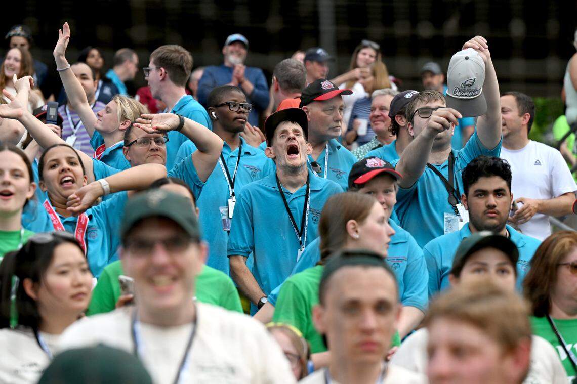 Athletes from Montgomery County dance during the Special Olympics PA Summer Games opening ceremony on Thursday, June 5, 2025 at Medlar Field.