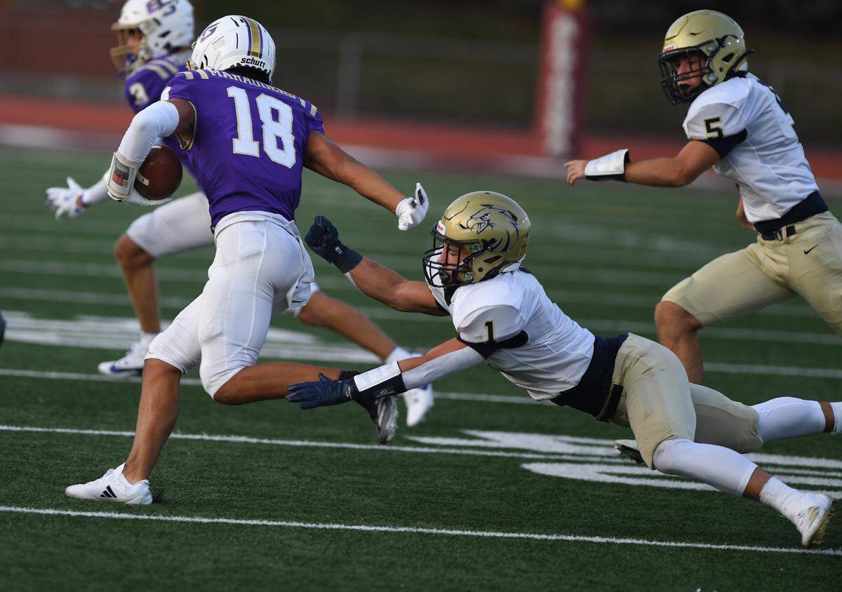 Bald Eagle Area’s Kollin Cunningham attempts to tackle Bishop Guilfoyle’s Hamilton Gates (18) in third quarter action Saturday at Altoona’s Mansion Park.