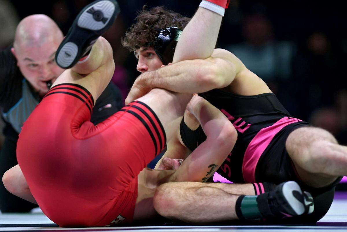 Penn State’s Levi Haines pins Rutgers’ Dylan Weaver in the 157 lb bout of the match on Monday, Feb. 12, 2024 at the Bryce Jordan Center.