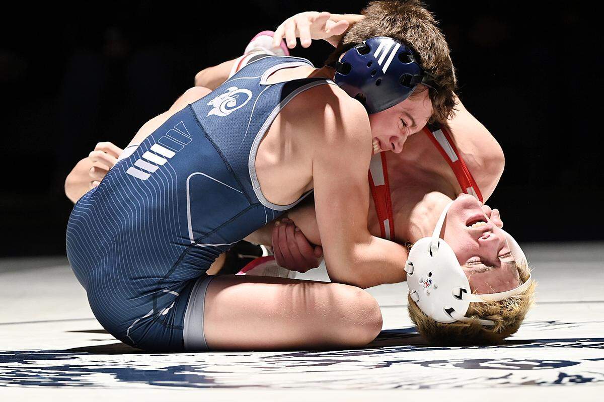 Penns Valley’s Conner Myers controls Clearfield’s Xavier Lutz in their 107-pound bout of the Rams’ 37-24 loss on Thursday. Myers topped Lutz, 5-2.