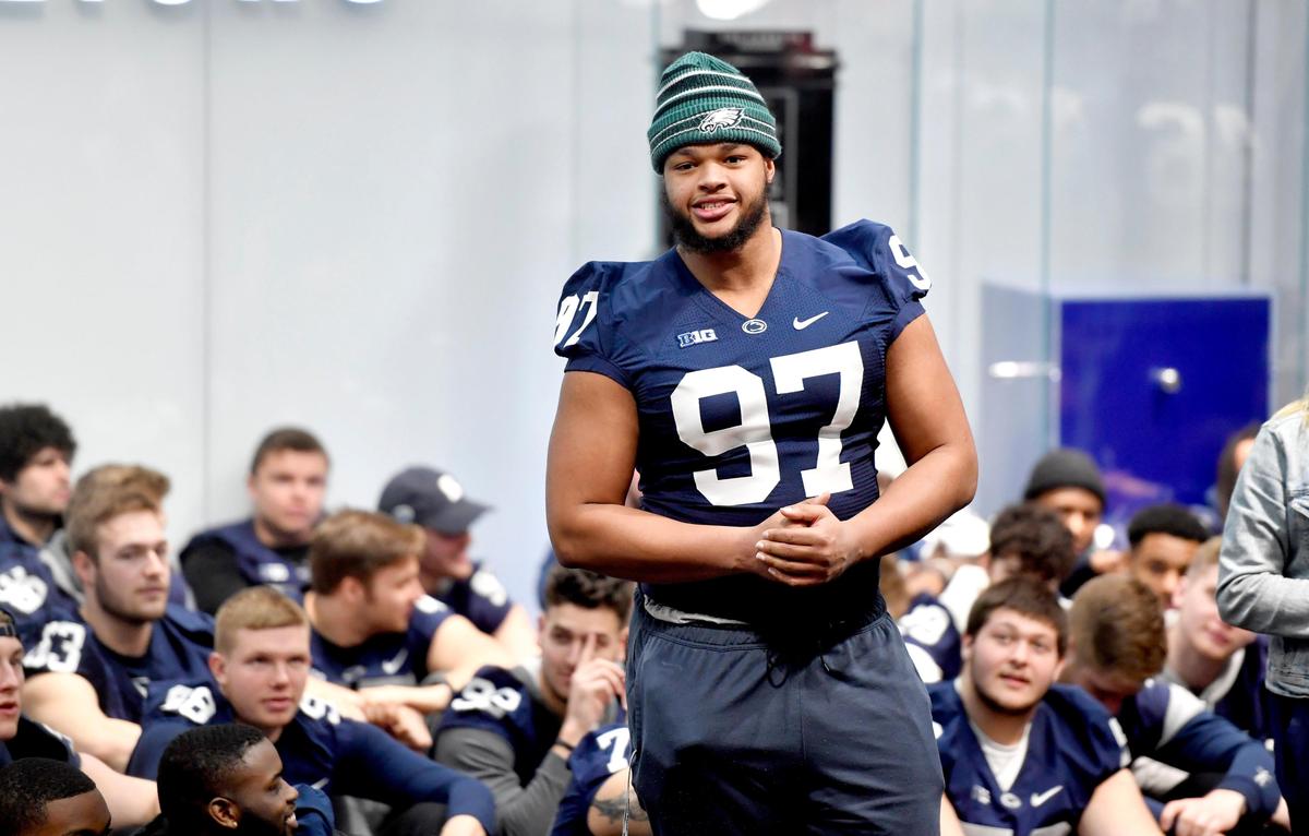 Penn State defensive tackle PJ Mustipher welcomes Four Diamond families to the Lasch Building on Saturday, Feb. 22, 2020.