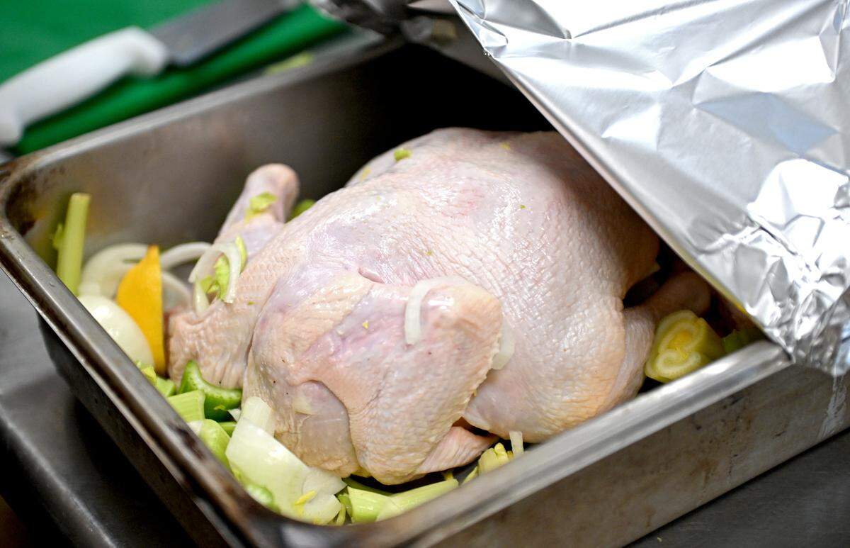 Chicken and vegetables are prepared to make chicken noodle soup at Kathryn’s.