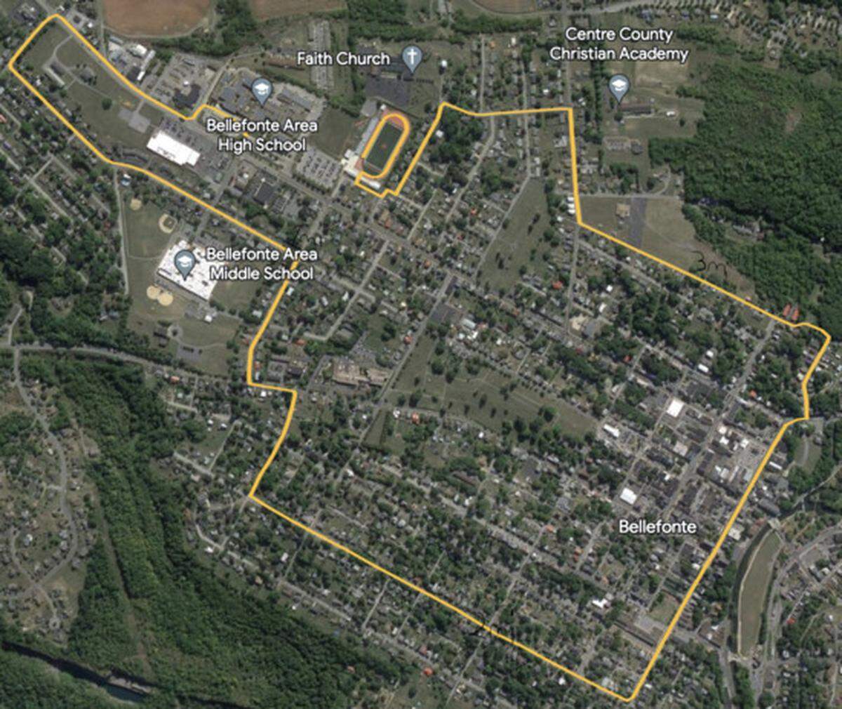 The route of the 4-mile “Town Loop.” Justin Herbstritt and his sister, Jen, used to run this route around the perimeter of Bellefonte together.