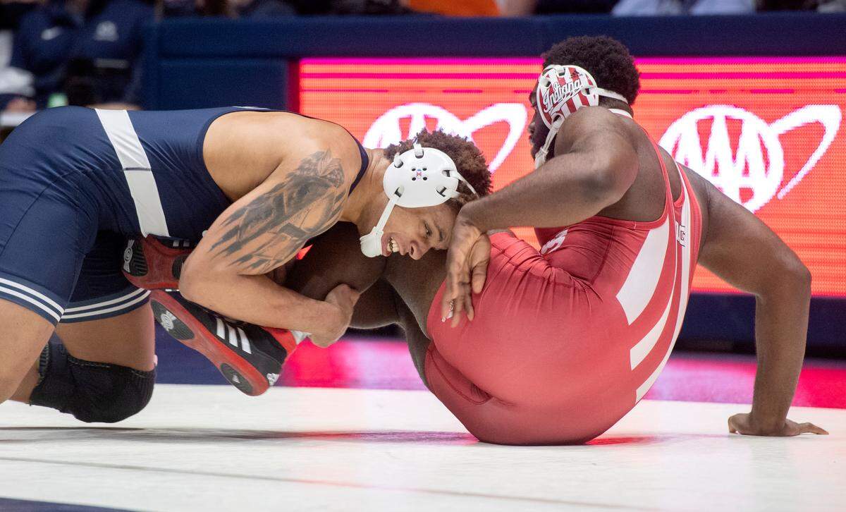 Penn State’s Greg Kergvliet controls Indiana’s Jacob Bullock in the 285 lb bout during the match on Sunday, Jan. 9, 2022.