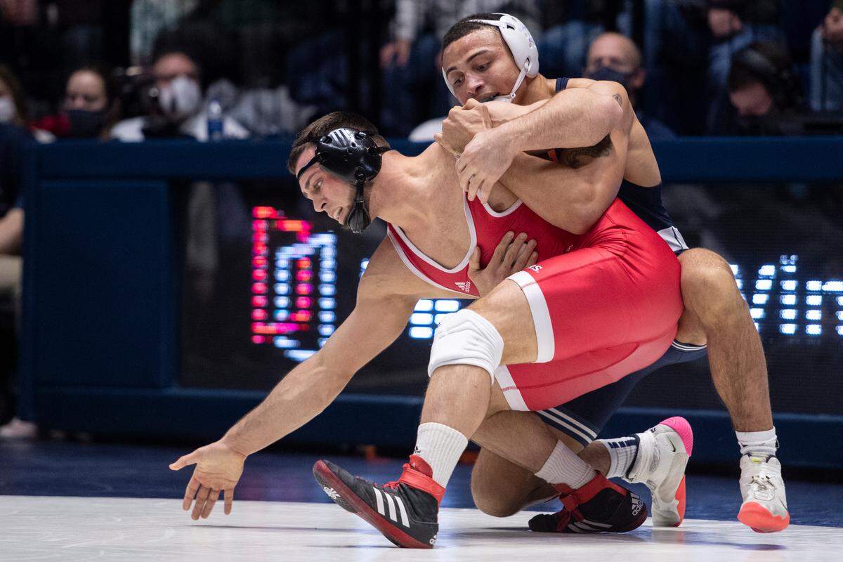Penn State’s Aaron Brooks attempts a takedown during a wrestling dual between Penn State and Rutgers on Jan. 16 at Rec Hall.