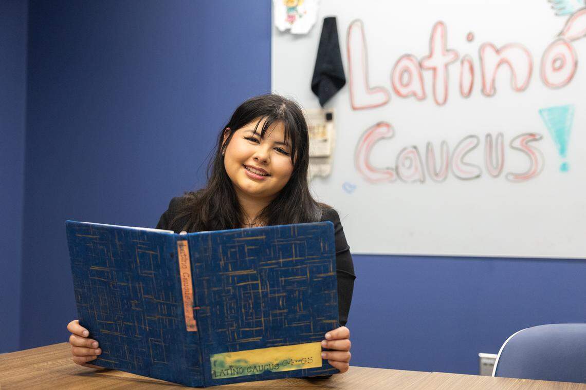 Maria Lopez, vice president of Penn State University’s Latino Caucus, is seen in the Latino caucus suite inside Penn State”s Hub-Robeson Center on Thursday, March 5, 2026. Lopez is a third-year student studying political science and economics.