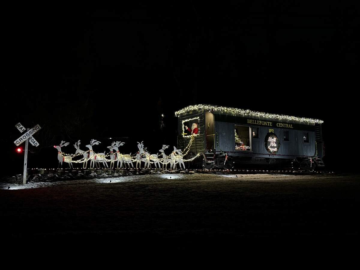 The Bellefonte Central caboose near 300 Irish Hollow Road, Bellefonte, is lit on Dec. 6, 2025.