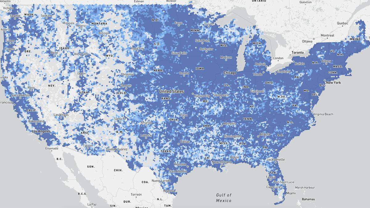 This computer screen provided by the FCC shows a draft of the Federal Communications Commission’s new broadband map, a future version of which will determine how much of a $42.5 billion federal investment in high-speed internet each state gets. The darker the blue, the better the broadband coverage.