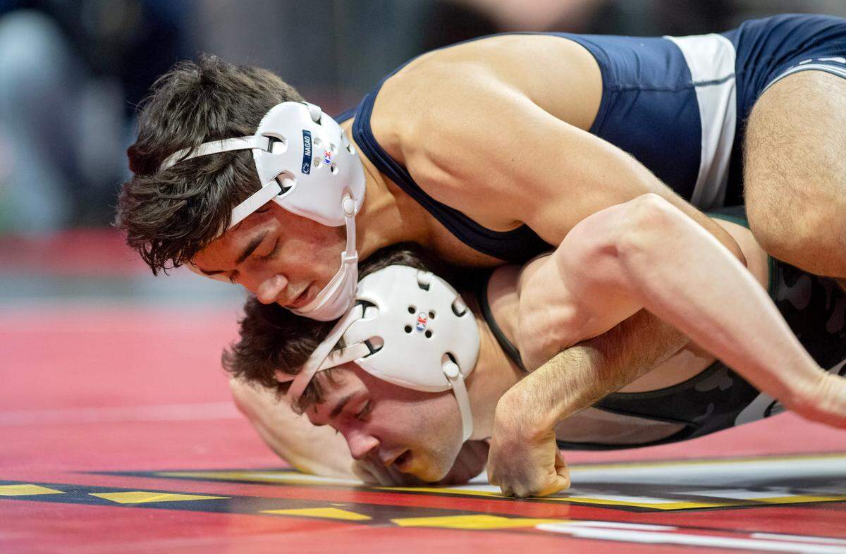 Penn State’s Aaron Nagao controls Michigan State’s Andrew Hampton in a 133 lb first round match of the Big Ten Wresting Championships at the Xfinity Center at the University of Maryland on Saturday, March 9, 2024.