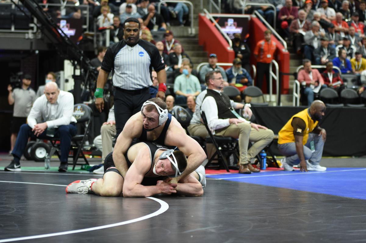 Penn State’s Max Dean controls Ohio State’s Gavin Hoffman in their 197-pound semifinals match of the NCAA Championships on Friday, March 18, 2022 at Little Caesars Arena in Detroit. Dean made the finals with a 9-3 win.