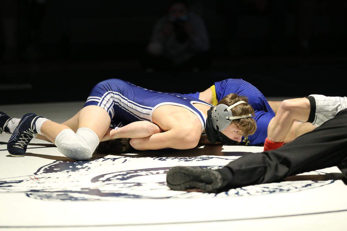 Penns Valley’s Ty Watson looks for the fall during his 132-pound bout with Glendale’s Dayton Johnson in the Rams’ 34-31 District 6 Class 2A Team Championships semifinals match on Tuesday. Watson did pin Johnson in 1:53
