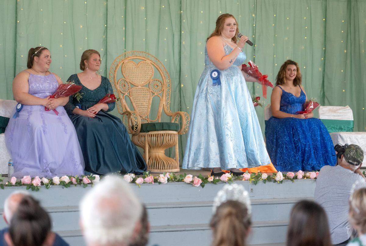 Hailey Zeigler introduces herself during the the Centre County Grange Fair Queen coronation on Wednesday, Aug. 16, 2023.