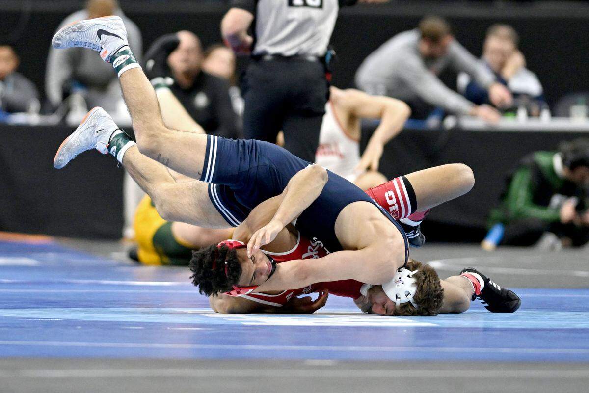 Penn State’s Mitchell Mesenbrink controls Nebraska’s Christopher Minto in a 165-pound semifinal bout at the 2025 NCAA Wrestling Championships in Philadelphia on Friday, March 21, 2025.