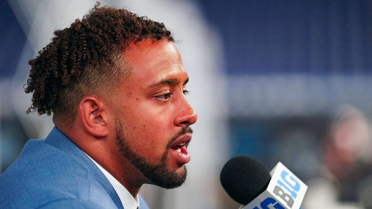 Penn State Nittany Lions safety Keaton Ellis speaks to the media during the Big 10 football media day at Lucas Oil Stadium.