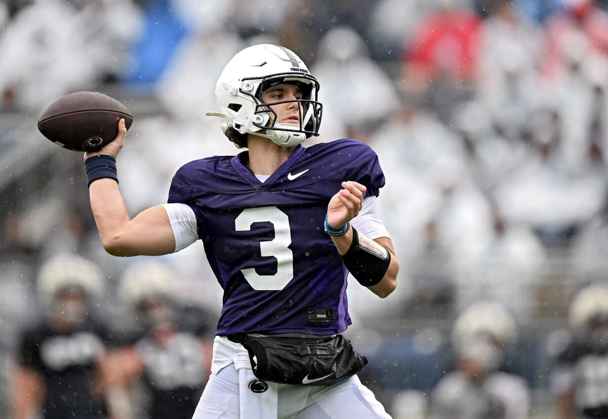 Penn State quarterback Rocco Becht makes a pass during Blue-White Practice on Saturday, April 25, 2026.
