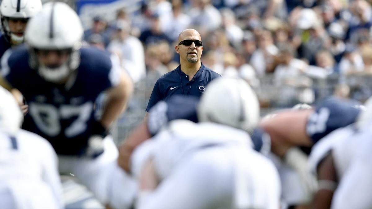 Penn State football coach James Franklin watches during the Blue-White game on Saturday, April 13, 2019.