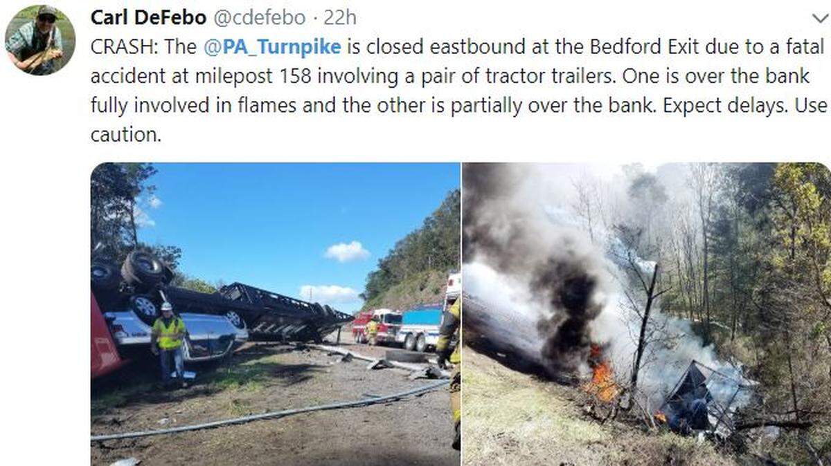 Two tractor-trailers crashed and rolled over a steep embankment  on Wednesday between the Breezewood and Bedford exits on the Pennsylvania Turnpike. One driver was pronounced dead on the scene.