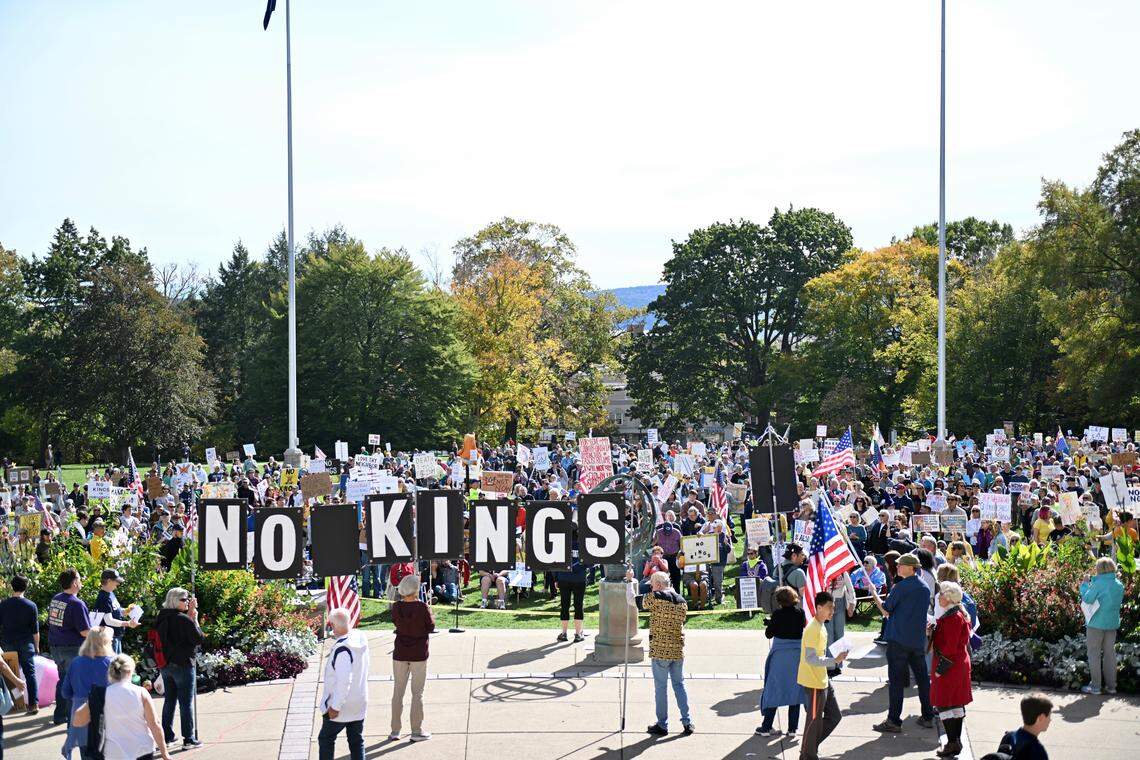 More than 1,500 protesters gather on Penn State’s Old Main lawn on Saturday, Oct. 18, 2025, for a “No Kings” anti-Trump rally.