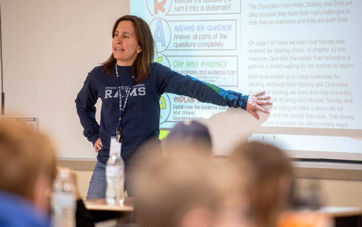 Leanne Zuech talks about the book “Holes” with her sixth grade students at Penns Valley Intermediate school on March 4.