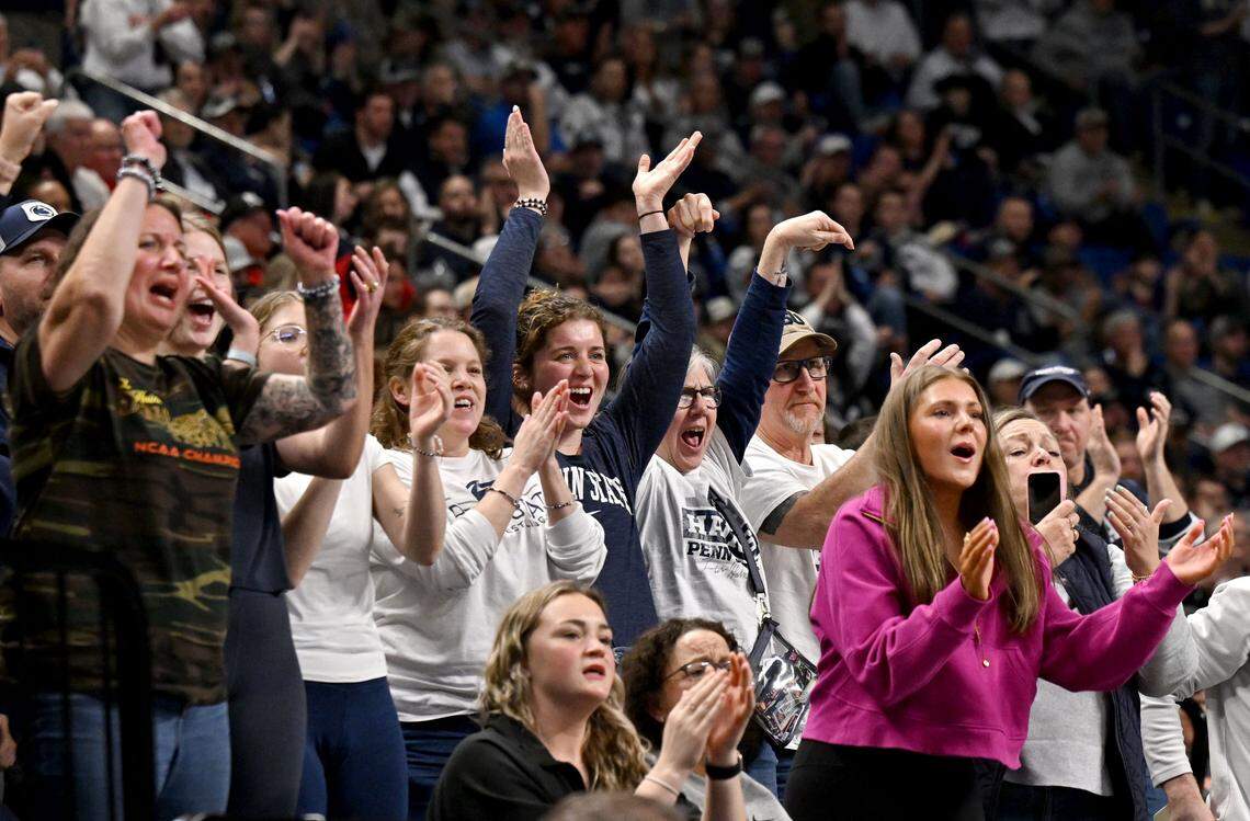 Penn State fans celebrate Levi Haines’ semifinal win at the Big Ten wrestling championships on Saturday, March 7, 2026 at the Bryce Jordan Center. 