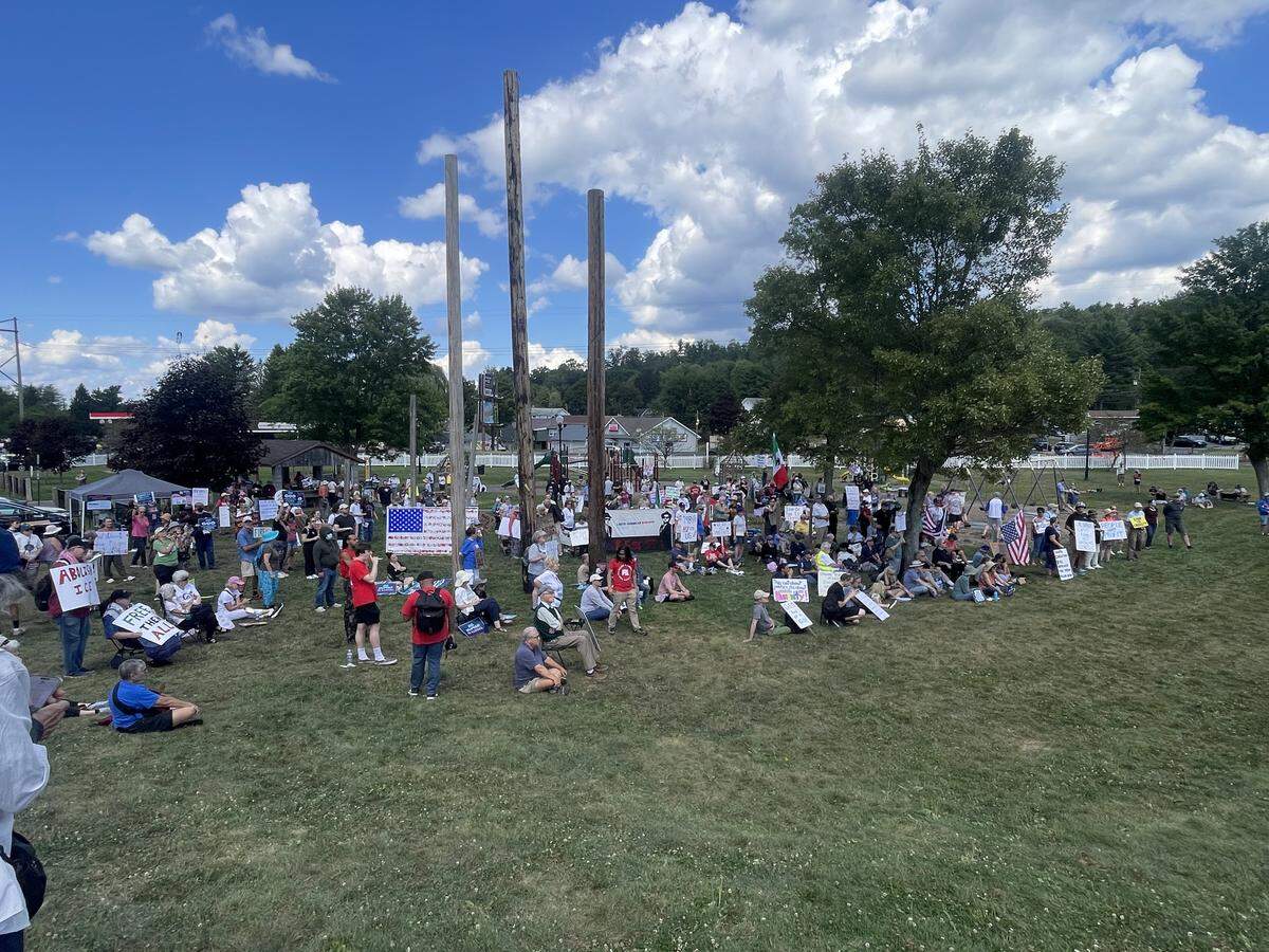 Protesters against the Moshannon Valley Processing Center fill the park at Cold Stream Dam on Sunday, Aug. 24, 2025.