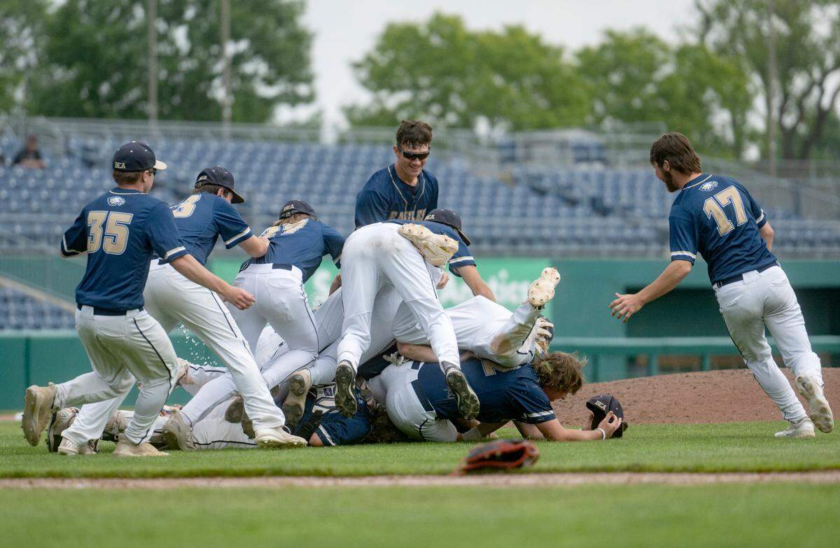 Bald Eagle Area baseball celebrates their 11-0 win over Mount Union in the PIAA Class 2A championship game at Medlar Field on Saturday, June 17, 2023.