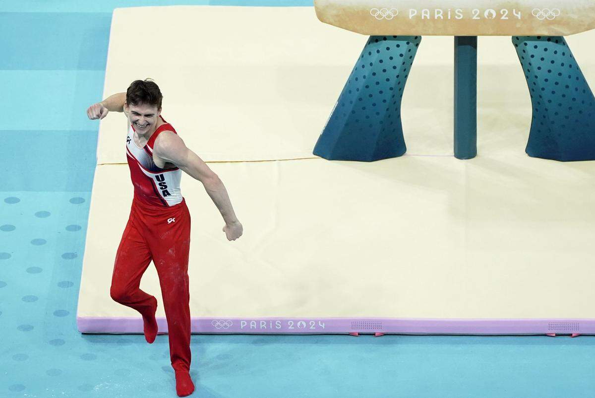 Aug 3, 2024; Paris, France; Stephen Nedoroscik of the United States reacts after competing on the pommel horse on the first day of gymnastics event finals during the Paris 2024 Olympic Summer Games at Bercy Arena. Mandatory Credit: Jack Gruber-USA TODAY Sports