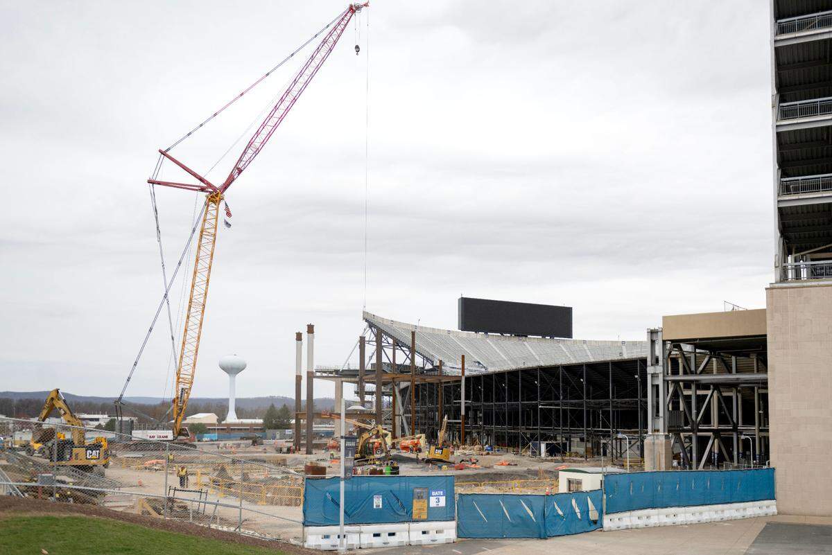 A large crane is on site as construction on the west side of Beaver Stadium continues on Wednesday, April 2, 2025.