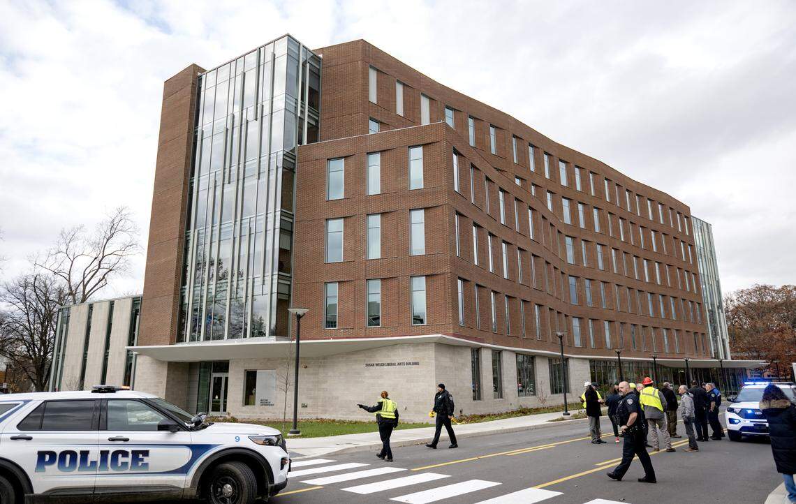 Penn State police monitor the Susan Welch Liberal Arts Building on the Penn State campus on Wednesday, Nov. 12, 2025. The building was evacuated and an incident is under investigation.