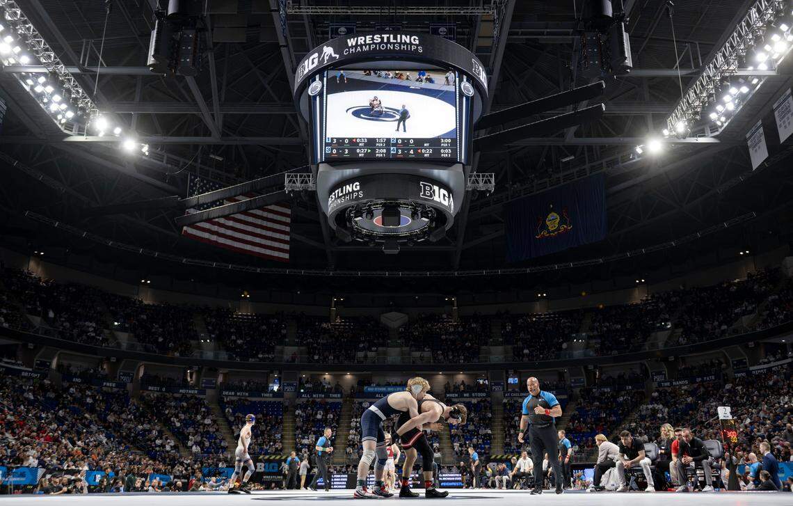 Penn State's Braeden Davis in a 141-pound match of the Big Ten wrestling championships on Saturday, March 7, 2026 at the Bryce Jordan Center. 