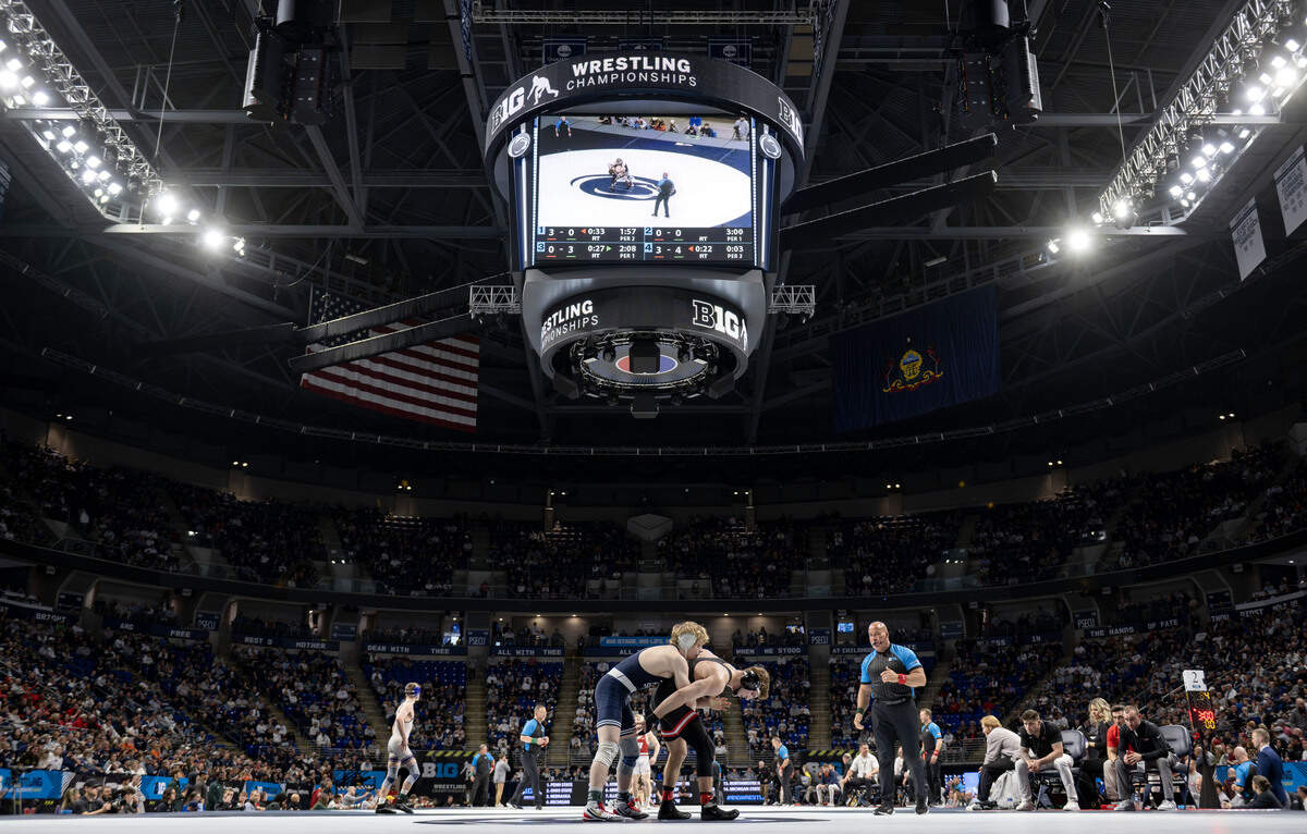 Penn State's Braeden Davis in a 141-pound match of the Big Ten wrestling championships on Saturday, March 7, 2026 at the Bryce Jordan Center.