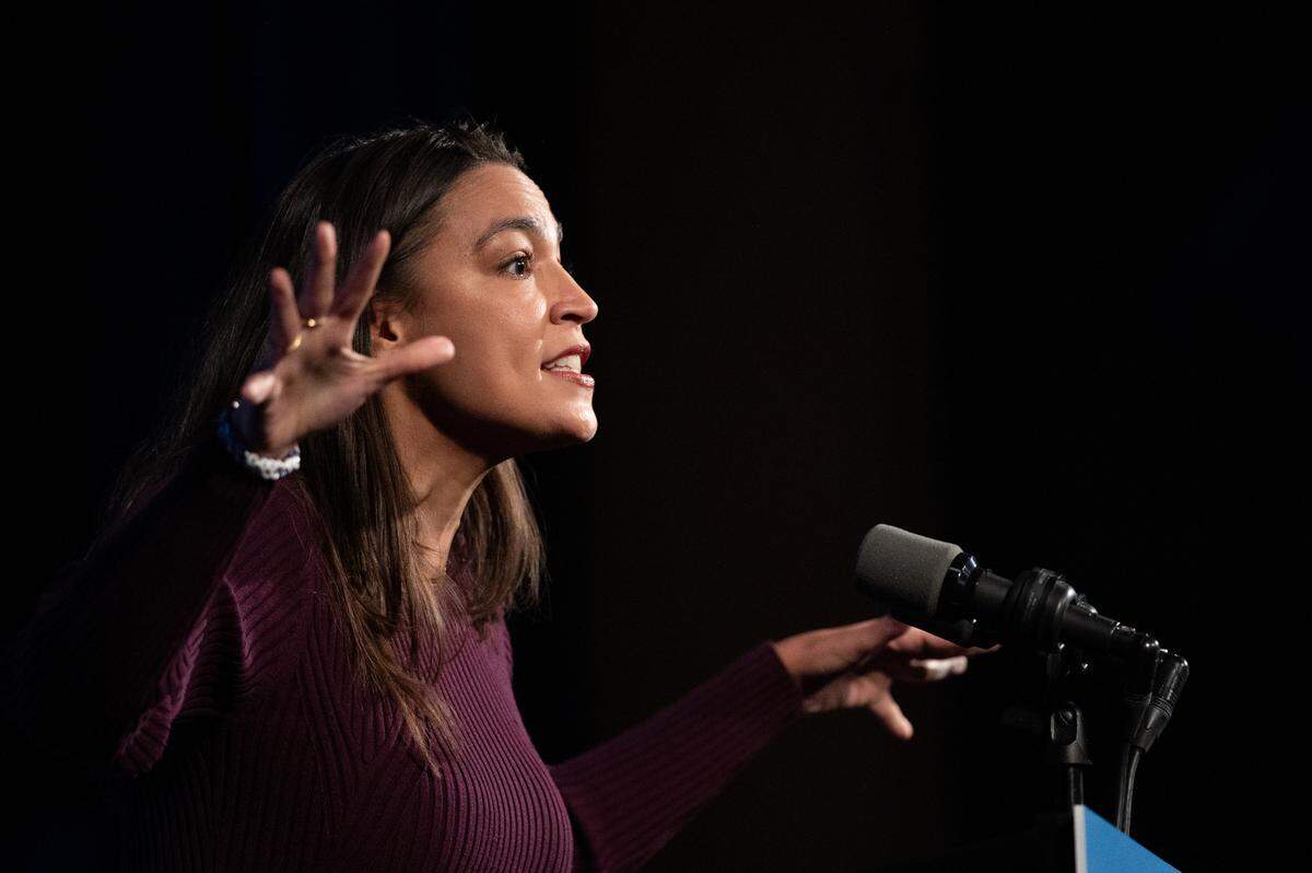 Congresswoman Alexandria Ocasio-Cortez speaks to supporters during a rally at the State Theatre on Friday, Oct. 18, 2024.