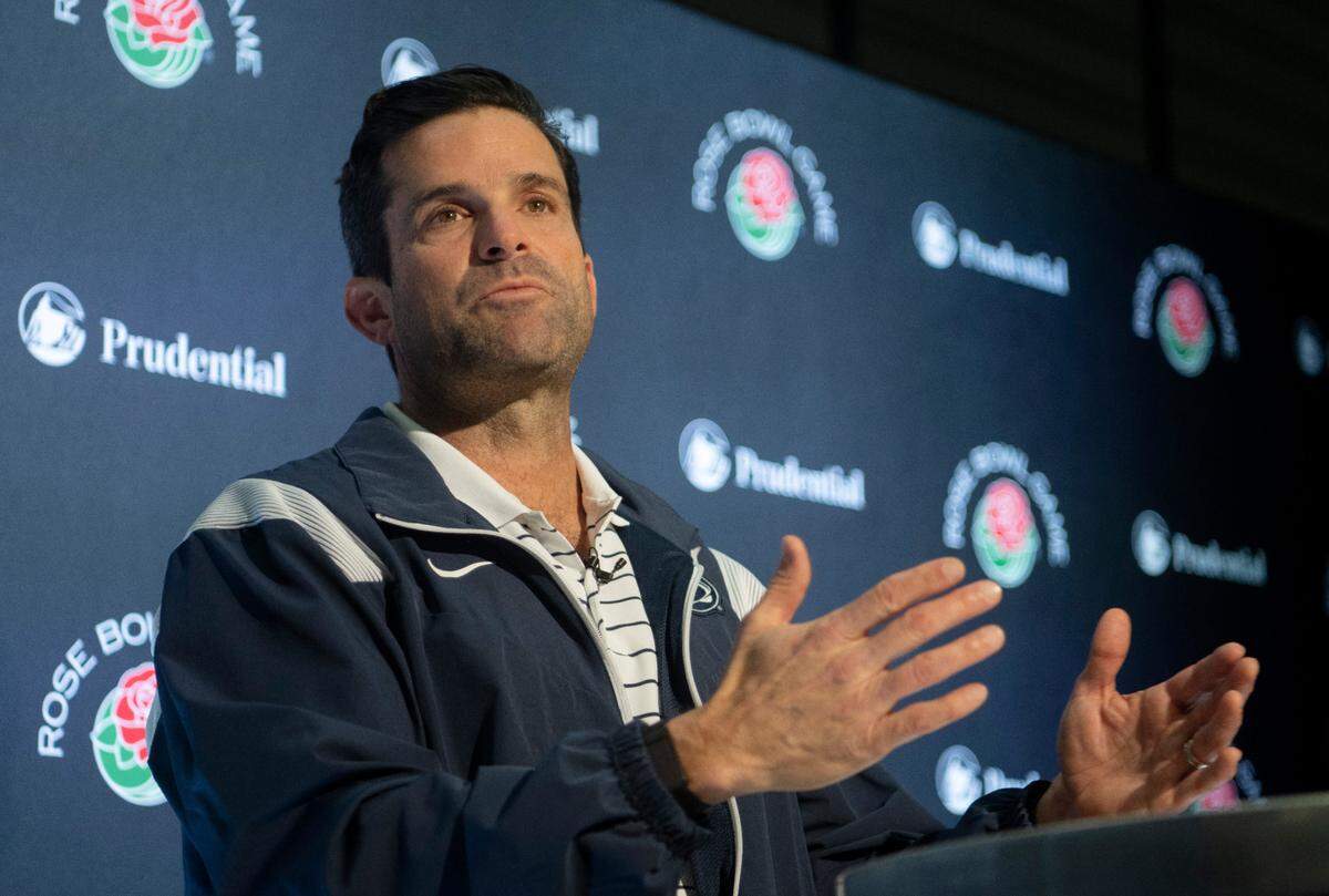 Penn State defensive coordinator Manny Diaz answers questions during a press conference on Friday, Dec. 30, 2022 in Los Angeles.