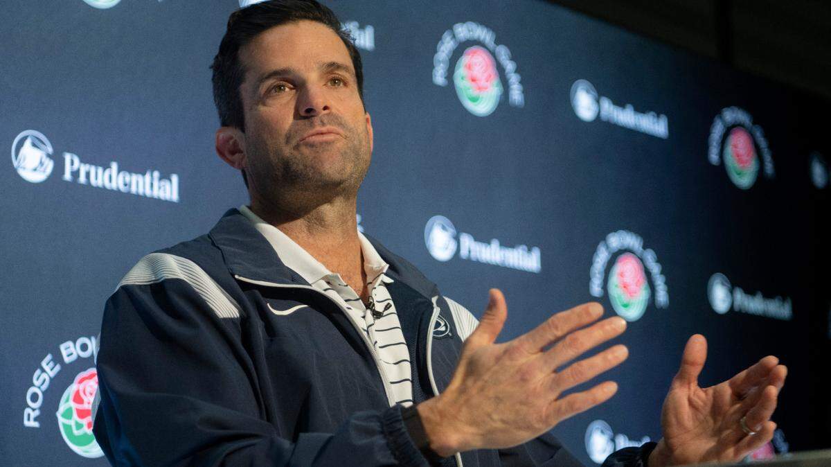 Penn State defensive coordinator Manny Diaz answers questions during a press conference on Friday, Dec. 30, 2022 in Los Angeles.