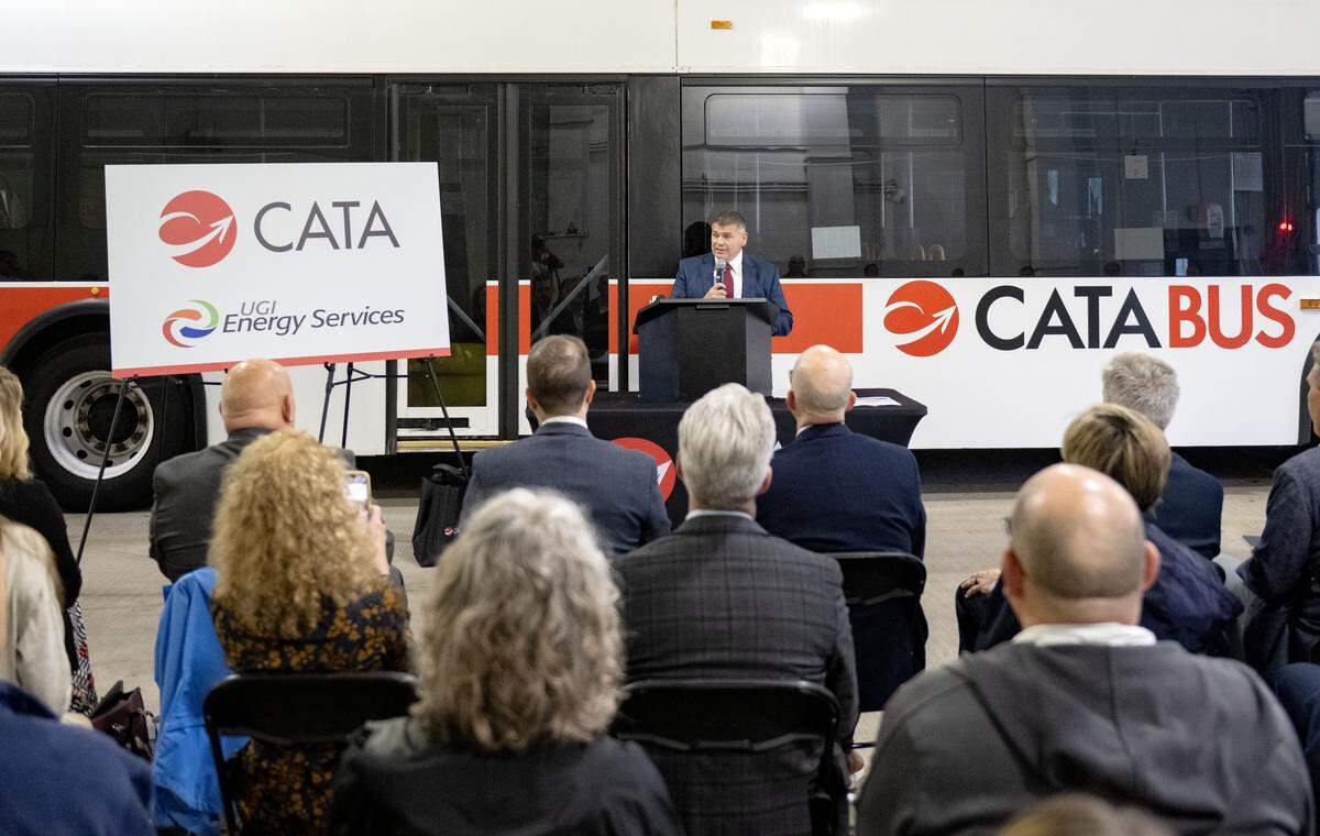 Larry Shifflet from PA Department of Transportation talks during the announcement of the partnership between Centre Area Transportation Authority and UGI Energy Services to use RNG on the buses on Thursday, Sept. 25, 2025.  