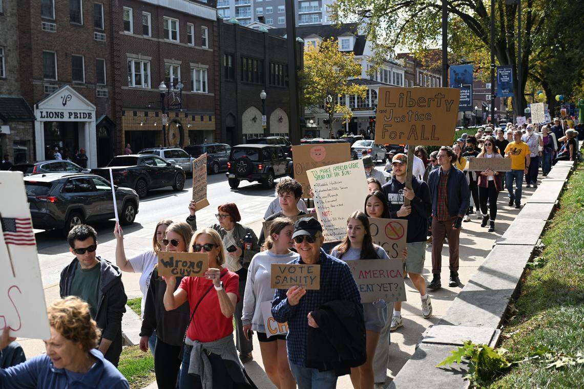 More than 1,500 march in downtown State College after gathering at Penn State’s Old Main lawn on Saturday, Oct. 18, 2025, for a “No Kings” anti-Trump rally.