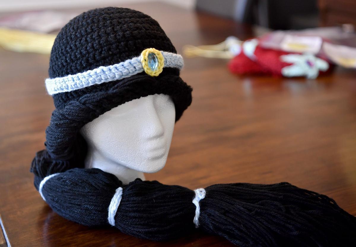 A Jasmine from “Aladdin” beanie was made by volunteers with the Brave Beanie Project.