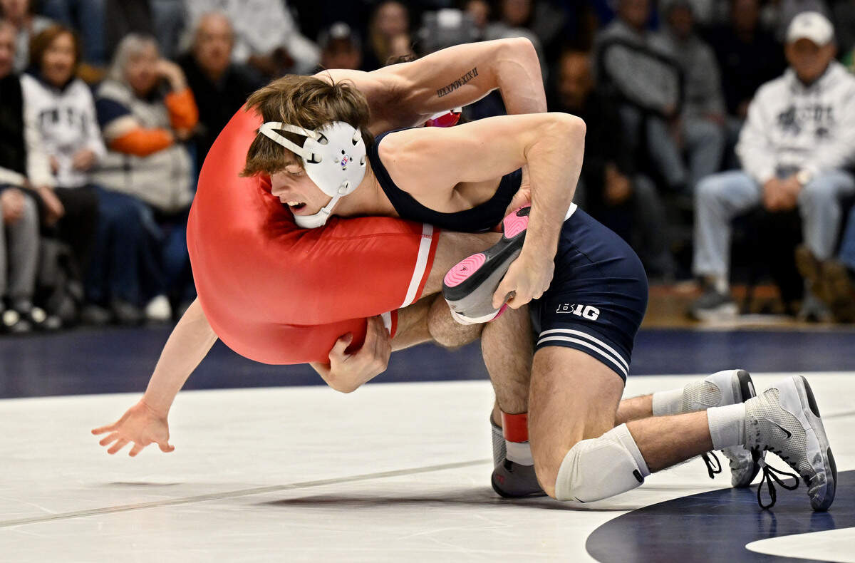 Penn State’s Marcus Blaze controls Indiana’s Blaine Frazier in the 133 lb bout of the match on Friday, Jan. 23, 2026. 