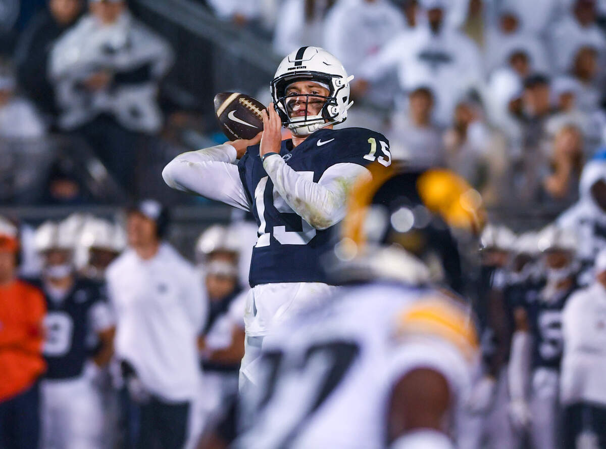 Penn State Quarterback Drew Allar looks for a teammate to pass to during Penn State Football’s game against Iowa on Saturday, Sept. 23, 2023, at Beaver Stadium.