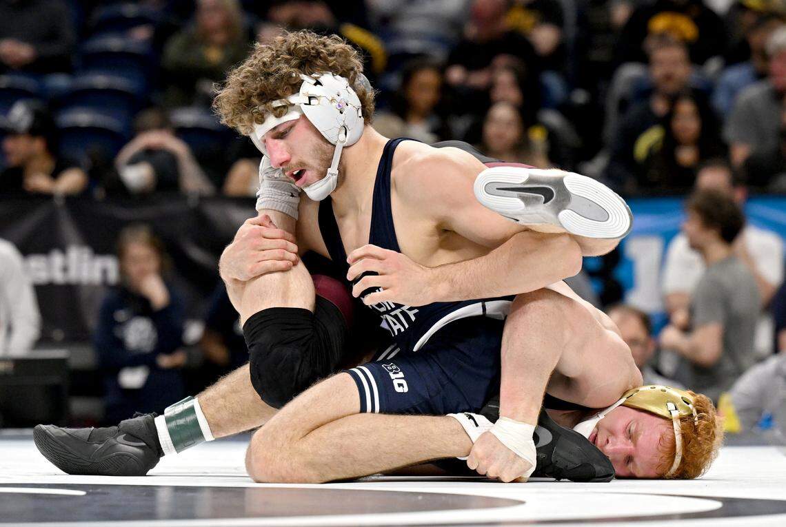 Penn State's Mitchell Mesenbrink controls Minnesota’s Andrew Sparks in a 165-pound semifinal bout at the Big Ten wrestling championships on Saturday, March 7, 2026 at the Bryce Jordan Center. 