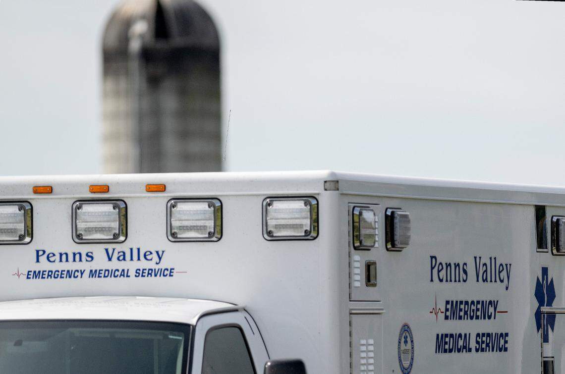 A Penns Valley ambulance leaves the scenes of a farming accident on Lower Brush Valley Road on Wednesday, Sept. 21, 2022.