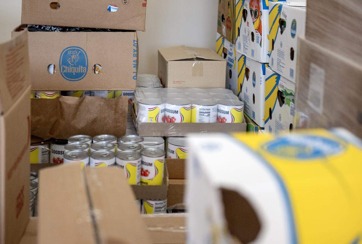 Non-perishables are stacked at Common Food space in Port Matilda on Tuesday, May 12, 2026. 