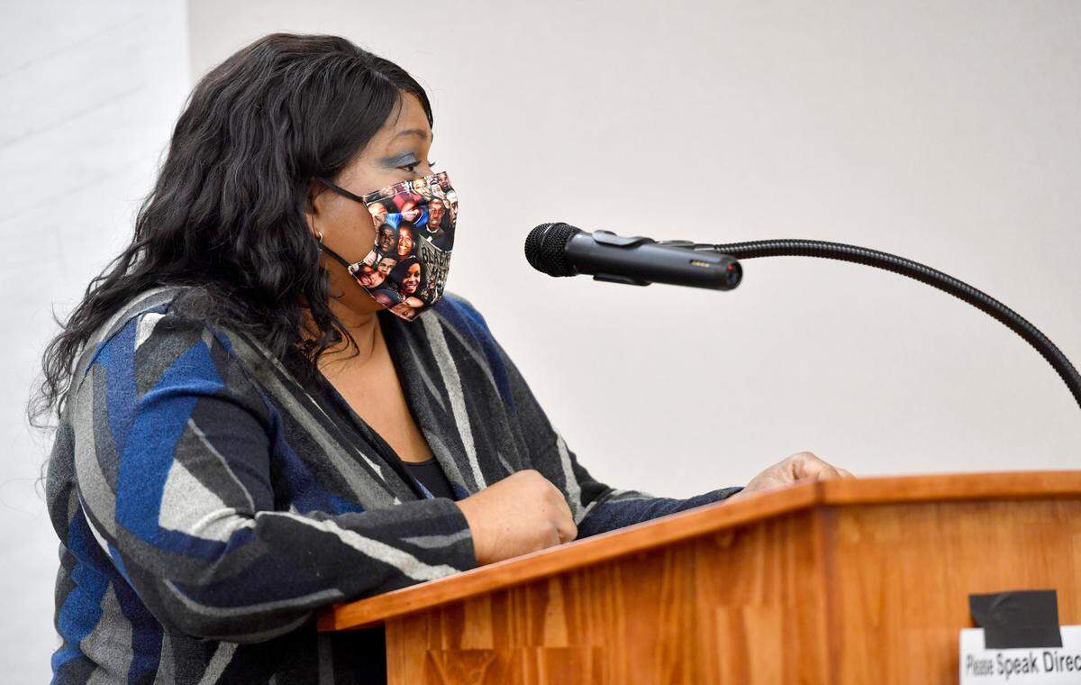 President of the State College chapter of the NAACP Lorraine Taylor speaks Monday during the public comment of the State College Area School Board meeting.