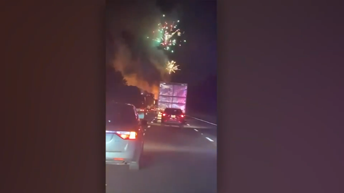 A tractor trailer carrying fireworks caught fire on a New Jersey highway, officials say.