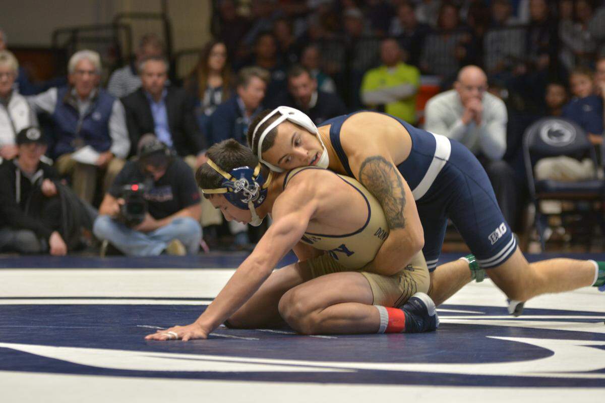 Penn State junior Luke Gardner made his Rec Hall debut on Sunday against Navy’s Jon Park. Gardner got the fall in 1:46, and Penn State won the dual 45-0.